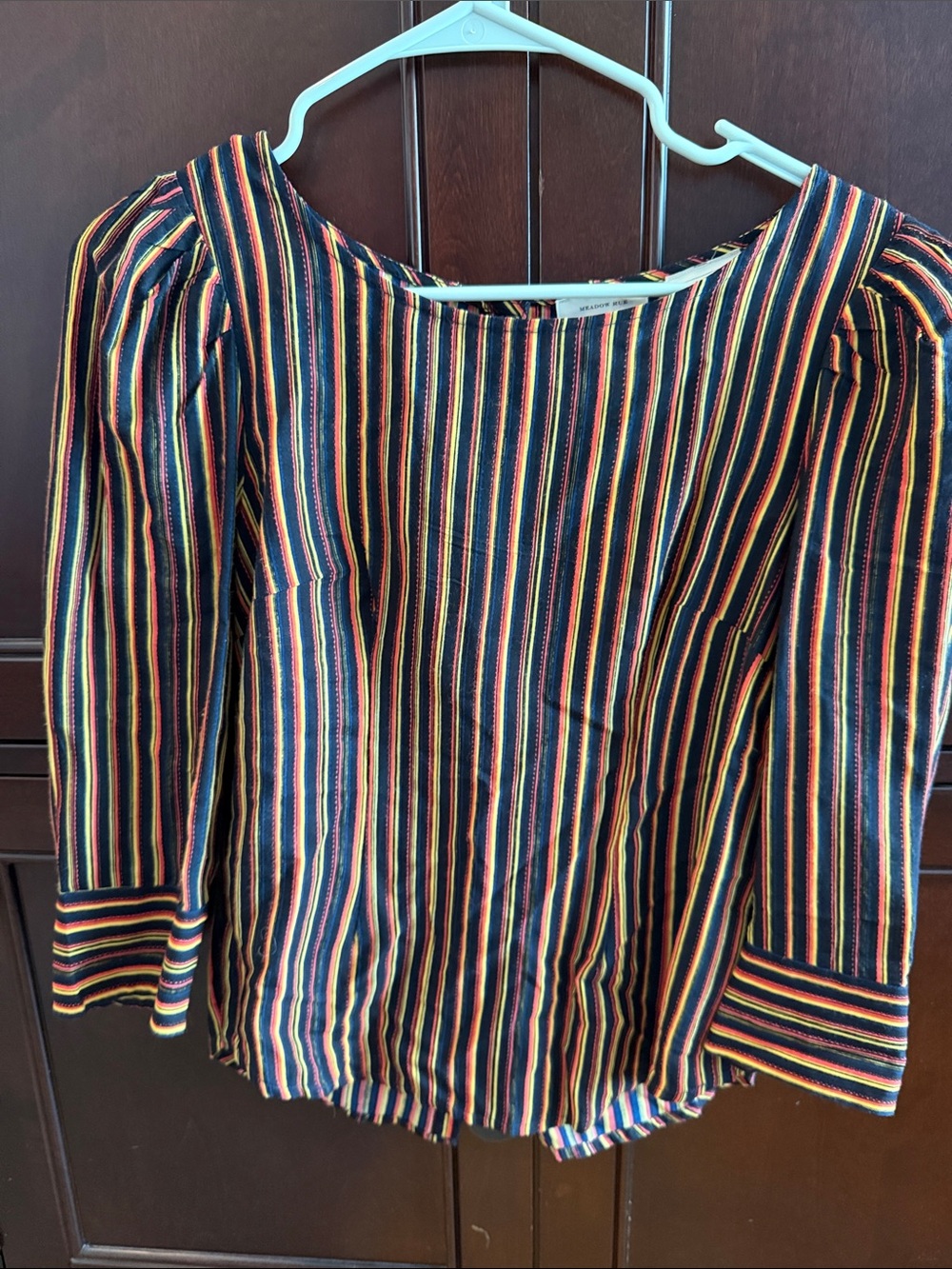 Anthropologie Navy Multicolor Striped Puff-Sleeve Blouse